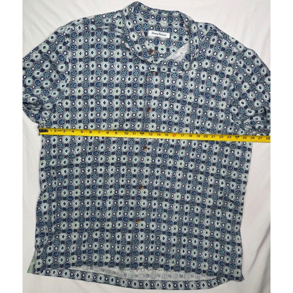 Tommy Bahama Mens XXL 100% Silk Short Sleeve Button Up Shirt Blue Geometric - Picture 7 of 7